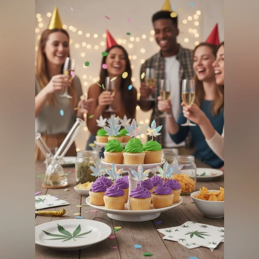 Marijuana Weed Leaf Festive Cupcake Toppers for Parties